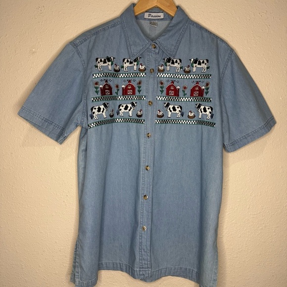 Vintage Passion Denim Shirt Barnyard Embroidery Short Sleeves Women’s Size Large - Picture 1 of 10